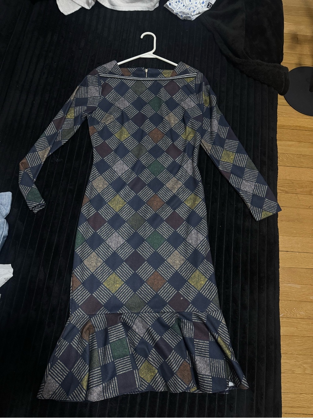VENUS Navy Plaid Long-Sleeve Ruffle-Hem Dress